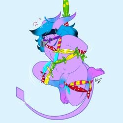 1:1 5_toes axelspike bdsm blindfold blue_hair bondage bound bulb_horn clown clown_makeup cross-popping_vein demon echo_(vexinglyyours) fangs feet genitals hair hankerchief humanoid male multicolored_hair multicolored_penis nonbinary_(lore) penis purple_body purple_skin restraints rope rope_bondage rope_harness slightly_chubby solo suspension tail teeth toes