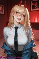 power_(chainsaw_man) chainsaw_man 1girl horns necktie sharp_teeth teeth breasts shirt red_horns open_mouth long_hair solo hair_between_eyes white_shirt collared_shirt blonde_hair patreon_username yellow_eyes black_necktie cross-shaped_pupils jacket web_address indoors off_shoulder artist_name symbol-shaped_pupils blue_jacket blush shirt_tucked_in large_breasts demon_horns tiktok_logo patreon_logo looking_to_the_side very_long_hair fangs jacket_partially_removed head_tilt long_sleeves sitting open_clothes black_pants demon_girl eyelashes upper_body subtitled open_jacket gumroad_username medium_breasts looking_away blurry_background watermark saliva pants dress_shirt on_bed tongue twitter_username blurry hemokinesis light_brown_hair formal bed mionety ai_generated