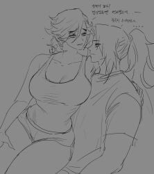 1boy 1girls big_breasts cleavage demon_slayer douma female genderswap_(mtf) hourglass_figure kimetsu_no_yaiba long-haired_male male medium_hair michikatsu_tsugikuni monochrome rule_63 short_shorts sitting_on_lap sketch tank_top thick_thighs wide_hips