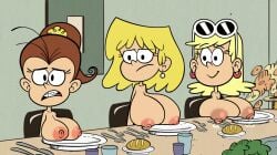 3girls :> :( accurate_art_style alternate_breast_size bangs_pinned_back blonde_hair braces bread breasts_on_plate breasts_on_table brown_hair casual casual_nudity dinner_table drinking_glass earrings edit edited erect_nipples eyewear female female_only fork high_ponytail huge_breasts human indoors knife lactation large_breasts leni_loud looking_at_viewer lori_loud luan_loud milk pale_skin plate screen_capture screencap screenshot screenshot_edit short_hair sisters steca straight_hair sunglasses_on_head the_loud_house thelazyart upper_body