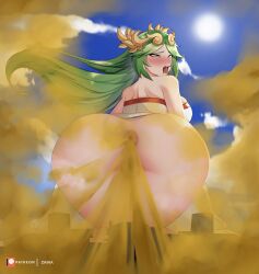 1girls anus ass big_ass city drooling fart fart_cloud fart_fetish farting female giantess green_hair kid_icarus looking_pleasured macro open_mouth palutena pussy tongue_out zaina_art99