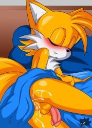 after_sex anus ass balls bed bed_sheet bedding bodily_fluids closed_eyes cum cum_in_ass cum_inside feminine_tails flushed fur furniture genital_fluids genitals girly hi_res male penis pillow sega sirjzau sleeping solo sonic_(series) sonic_the_hedgehog_(series) tails tired yellow_body yellow_fur