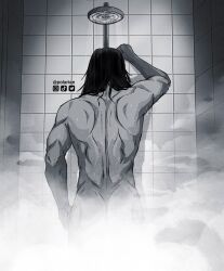 1boy asian_male ass bara bathroom hand_on_wall jujutsu_kaisen long_hair_male male_focus male_only muscular nude polariae shower shower_(place) showering suguru_geto sweat sweatdrop toned toned_male