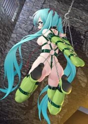 1girls arms_tied_behind_back ass ball_gag barred_window blue_eyes blue_hair bondage breasts candlelight chains collar dungeon gag gagged green_boots green_panties green_thong hair_ornament harness hatsune_miku hooks leash legs_tied lock long_twintails looking_back medium_breasts monoglove nipples no_bra o-ring o-ring_harness padlock panties sex_dungeon slave stone_wall suspended_in_midair suspension suspension_bondage thighhigh_boots thong twintails vocaloid wonder_turkey wooden_horse