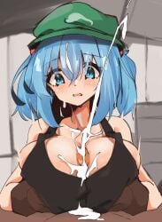 1boy 1girls big_breasts blue_eyes blue_hair blush clothed cum cumshot gloves hat looking_at_penis nitori_kawashiro open_mouth paizuri paizuri_under_clothes short_hair spy_artservice touhou