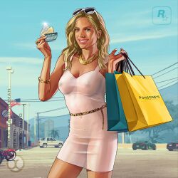 blonde_hair bracelet bracelets breasts edit grand_theft_auto grand_theft_auto_online grand_theft_auto_v gtauto-x looking_at_viewer nipples payment pink_glasses pussy smile transparent_clothing white_dress