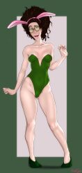 brown_hair bunny_ears bunnysuit glasses hair_bun marvel mature_female messy_hair nylons olivia_octavius small_breasts spider-man:_into_the_spider-verse undrsydr