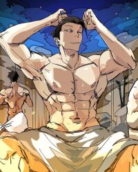 1boy bara brown_nipples jujutsu_kaisen long_hair_male looking_at_viewer male_focus male_only multiple_boys muscular muscular_male one_eye_closed shower_(place) showering suguru_geto sweat sweatdrop toji_fushiguro toned toned_male