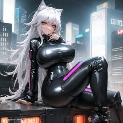 ai_generated bodysuit bra bursting_breasts cat_ears catgirl covered_nipples cybernetics cyberpunk glowing huge_breasts latex latex_suit leather long_hair looking_at_viewer orange_eyes ribbsemporium scifi skindentation skintight skyscraper stable_diffusion white_hair white_skin