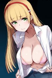 1girls areola_slip big_breasts blonde_hair bra breasts busty cleavage closed_mouth female female_only gengoroh green_eyes heanna_sumire hi_res large_breasts leaning_forward long_hair looking_at_viewer love_live! love_live!_superstar!! navel open_shirt pink_bra school_uniform shiny_skin underwear