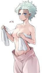 belaf blue_eyes burn_scar cleavage covered_nipples facial_scar female female_only genderswap_(mtf) kntks9 looking_at_viewer made_in_abyss medium_breasts rule_63 scar short_hair silver_hair solo topless topless_female towel white_hair