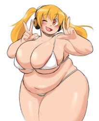 1girls areola_slip areolae bbw bikini blonde_hair blush breasts chubbuppy chubby chubby_female cleavage cleavage_overflow double_peace_sign double_v female headphones huge_breasts light_skin looking_at_viewer nitroplus open_mouth orange_eyes peace_sign shoripurin solo solo_female standing super_pochaco thick_thighs twintails v wink