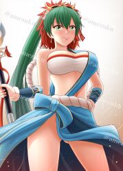 1girls alternate_costume amezuku ass_visible_through_thighs bare_midriff bare_thighs breasts chest_sarashi cleavage earrings female female_only fire_emblem fire_emblem:_the_blazing_blade fire_emblem_heroes from_below green_eyes green_hair japanese_clothes large_breasts long_hair looking_at_viewer looking_down lyn_(fire_emblem) lyn_(flame)_(fire_emblem) midriff nintendo official_alternate_costume ponytail sarashi smile solo spear thighs very_long_hair weapon