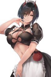 1girls alternate_outfit apron azur_lane bangs black_hair cat_ornament cleavage crop_top enmaided female female_only frills hair_ornament hair_over_one_eye hand_up horns iron_blood_(azur_lane) liaowen light-skinned_female looking_at_viewer maid maid_apron maid_dress maid_headdress maid_outfit midriff multiple_straps navel official_alternate_costume one_eye_covered only_female pale-skinned_female red_horns short_hair skirt smile solo solo_female solo_focus stomach ulrich_von_hutten_(azur_lane) ulrich_von_hutten_(mayhem_maid)_(azur_lane) yellow_eyes