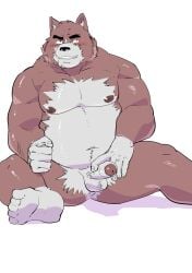 2022 anthro balls belly blush canid canine canis domestic_dog erection genitals hi_res humanoid_genitalia humanoid_hands humanoid_penis kemono male mammal moobs navel nipples overweight overweight_male penis simple_background sitting solo ujishiyo