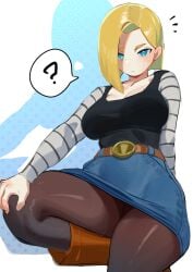 1girls ? android_18 big_breasts blonde_hair blue_eyes clothing dragon_ball dragon_ball_z female female_only fully_clothed long_hair looking_at_viewer narrowed_eyes nia_(nia4294) pantyhose sitting skirt solo solo_female speech_bubble thick_thighs unamused very_high_resolution