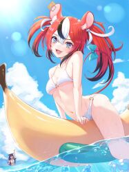 2girls animal_ear_fluff animal_ears animal_humanoid banana bikini bikini_bottom bikini_top blue_eyes bow bubble bubbles clothed cloud clouds dice dice_hair_ornament female female_only floatie floating fully_clothed hair_ornament hair_ribbon hakos_baelz hololive hololive_english hololive_english_-council- hololive_english_-promise- irys izu_(tea_value_lord) light-skinned_female light_skin looking_at_viewer mouse mouse_ears mouse_girl mouse_tail mouse_trap multicolored_hair ocean open_mouth outdoors rat rat_girl rat_tail rodent rodent_humanoid sky suggestive suggestive_pose sun sunlight tagme twintails virtual_youtuber water