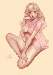 1girls blonde_hair blue_eyes breasts female female_only jasmin_darnell kissing mario_(series) nintendo nipples pink_nails pinup princess_peach solo thick_thighs translucent_clothing