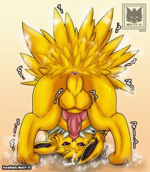 absurd_res animal_genitalia animal_penis anus balls canine_penis eeveelution electricity feral fur generation_1_pokemon genitals hi_res jolteon looking_through looking_through_legs male mel21-12 nintendo penis pokemon pokemon_(species) solo tongue tongue_out video_games yellow_body yellow_fur