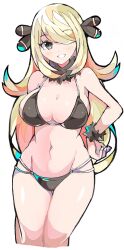 1girls alternate_breast_size bikini black_bikini blonde_hair blush breasts creatures_(company) cynthia_(pokemon) enpe female fur_bracelet fur_collar game_freak grey_eyes hair_ornament hair_over_one_eye hand_on_hip hips large_breasts long_hair nintendo pokemon pokemon_(game) pokemon_dppt simple_background slim_waist smile thick_thighs thighs white_background wide_hips