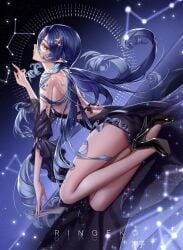 back_view blue_hair constellation curly_hair genshin_impact high_heels highres jewelry layla_(genshin_impact) long_hair looking_at_viewer middle_eastern middle_eastern_female pointed_ears ringeko_chan stars virgin_killer_sweater