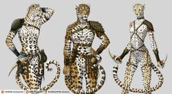 2022 5_fingers abs anisis anthro armor athletic athletic_anthro athletic_female black_nose breasts cheetah claws digital_media_(artwork) dual_wielding felid feline female finger_claws fingers fur genitals group harness hi_res holding_knife holding_object holding_weapon humanoid_hands hunter jaguar knife leather leather_harness leopard mammal mostly_nude multicolored_body multicolored_fur navel nipples nude pantherine pauldron pussy spots spotted_body spotted_fur text tribal trio two_tone_body two_tone_fur url weapon white_body white_fur yellow_body yellow_fur