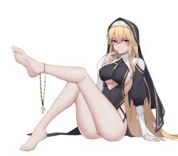 azur_lane bare_legs bare_shoulders barefoot blonde_hair breasts clothing_cutout cross feet food high_resolution leg_up legs nun pink_eyes religion richelieu_(azur_lane) rosary sideboob simple_background underboob underboob_cutout vagina vaginal_juices white_background wsfw