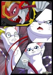 bbmbbf blue_eyes digihentai digimon digimon_(species) english_text gatomon gatomon_the_slave mask palcomix speech_bubble tears vamdemon whip