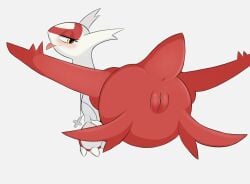 anthro arteficialtrees blush female generation_3_pokemon genitals hi_res latias legendary_pokemon looking_at_viewer nintendo pokemon pokemon_(species) pussy red_body simple_background solo tongue tongue_out video_games white_background white_body