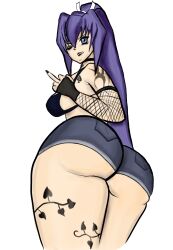 1girls 2020s 2022 ass ass_focus big_breasts blue_bottomwear blue_eyes blue_hair denim_shorts female fishnet_gloves goth long_hair middle_finger mitsurugi_meiya muv-luv ponytail purple_hair qos queen_of_spades shorts shrimpusdickus solo solo_female spade_tattoo tattoo tattoo_on_arm tattoo_on_leg tattoos thick_thighs thighs