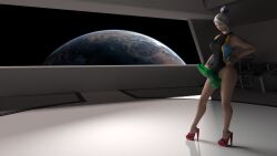 3d blender_(software) earth futanari hand_on_hip high_heels intersex jett_(valorant) sclavus slime solo spaceship swimsuit valorant
