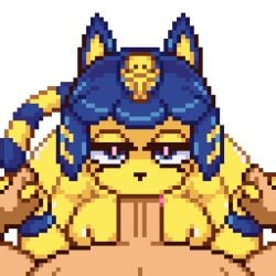 animal_crossing animated ankha blue_hair breasts cat_ears cat_tail color colored countmoxi fellatio nintendo pixel_art pixelated source_request tagme year_request yellow_body