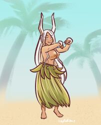 animal_ears artist_signature beach blue_sky breasts commission crescent_moon dancing female female_only flower_bracelet grass_skirt grin grinning hi_res hula hula_dancer hula_skirt inkyfluffdraws leaves long_hair looking_at_viewer miruko my_hero_academia palm_trees rabbit_ears red_eyes rumi_usagiyama shounen_jump solo_female tan_nipples tan_skin topless topless_female white_hair