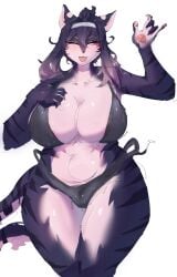 1girls anthro armpits big_breasts bikini carsen cat_ears cat_tail domestic_cat feline female female_only hairband hi_res lee_da-hong_(whooo-ya) legs_tied long_hair looking_at_viewer narrowed_eyes nude nude_female pink_eyes solo solo_female striped_fur tail thick_thighs white_background wide_hips wink winking_at_viewer