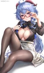 1girls blue_hair blush breasts business_woman cleavage female female_only ganyu_(genshin_impact) genshin_impact glasses horns large_breasts light-skinned_female light_skin long_hair long_legs looking_at_viewer office_lady pantyhose purple_eyes rei_kun shy simple_background thick_thighs thighs