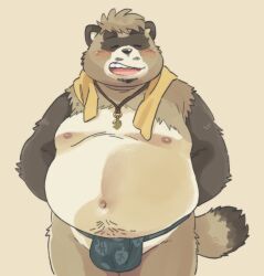 2023 anthro belly big_belly blush brown_body bulge canid canine closed_eyes crave_saga fundoshi garouzuki hi_res kemono male mammal moobs navel nipples pong_(crave_saga) raccoon_dog simple_background solo tanuki towel towel_around_neck