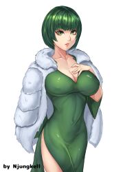 1girls areola_bulge bangs belly belly_button big_breasts bob_cut breasts busty cleavage clothed clothing coat collarbone covered_nipples curvaceous curvy_body curvy_female curvy_figure dark_green_hair dress eye_contact eyelashes female female_focus female_only fringe front_view fubuki_(one-punch_man) fur_coat green_dress green_eyes green_hair hand_on_breast high-res high_resolution highres hips hourglass_figure jacket large_breasts legs light-skinned_female light_skin lips lipstick looking_at_viewer medium_hair midriff navel nipple_bulge njungkell one-punch_man open_coat open_jacket open_mouth pink_lips pink_lipstick short_hair skin_tight slim slim_waist solo solo_female solo_focus stomach teeth teeth_showing thick thick_legs thick_thighs thighs thin_waist tight_clothing tight_dress voluptuous waist white_background wide_hips