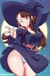 1girls akko_kagari bayeuxman breasts brown_hair dress eye_contact female female_only hat light_skin little_witch_academia long_hair looking_at_viewer one_eye_closed outdoors panties red_eyes solo thick_thighs thighs wide_hips wink witch_hat