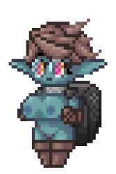 1girls animated backpack big_eyes big_head blue_skin chibi color colored female female_only full_body gif neoteny pixel_art pointy_ears pubic_hair small_but_busty solo terraria