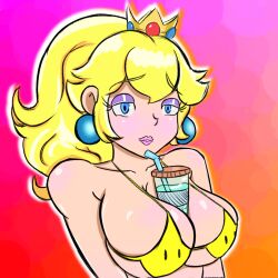 1girls bedroom_eyes big_breasts blonde_hair blue_eyes blush boba_tea breasts bubble_tea_challenge cleavage crown earrings eyebrows_visible_through_hair eyeshadow female female_only half-closed_eyes light-skinned_female light_skin lips lipstick mario_(series) nintendo ponytail princess_peach solo star_bikini tied_hair zalius_black