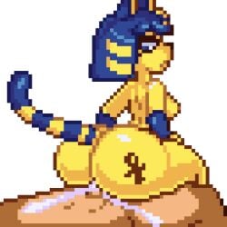 animal_crossing animated ankha ass blue_hair breasts cat_ears cat_tail color colored countmoxi nintendo pixel_art pixelated reverse_cowgirl_position sentones source_request tagme year_request yellow_body