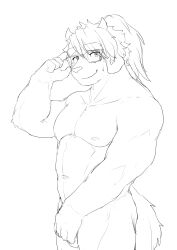 adjusting_glasses anthro balls barely_visible_balls barely_visible_genitalia barontoko catoblepas_(tokyo_afterschool_summoners) covering covering_crotch eyewear genitals glasses hi_res lifewonders looking_at_viewer male male_only monochrome muscular muscular_male nipples nude solo tokyo_afterschool_summoners video_games