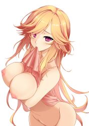 arm_under_breasts azur_lane breast_hold breasts female female high_resolution large_breasts long_hair looking_at_viewer looking_up mouth_hold nipples orange_hair purple_eyes richelieu_(azur_lane) sashimori5 simple_background solo very_long_hair viewed_from_above white_background