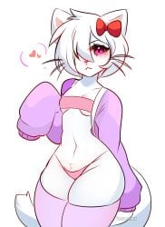 1girls absurd_res anthro cat_ears cat_tail domestic_cat feline female female_only hair_over_one_eye hair_ribbon hello_kitty hello_kitty_(character) hello_kitty_(series) jacket kitty_white looking_at_viewer medium_hair pink_eyes purple_thighhighs sanrio small_breasts solo tail thick_thighs thigh_squish thighhighs thong topwear vesperinox whiskers white_background white_body white_hair