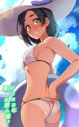 ass bare_arms bare_legs bare_shoulders beach bikini black_hair blush cloud cloudy_sky cowboy_shot day female green_eyes grin halterneck hat kantai_collection kuroshio_(kantai_collection) ocean short_hair sky smile solo string_bikini sun_hat swimsuit taketora_suzume tan tanlines white_bikini white_headwear