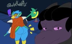 anthro armor ass avian axe berdly big_butt bird blush cape clothing deltarune dragon duo exclamation_point lexington_ulfric_izunia male melee_weapon reptile scalie sidewalk smile smirk surprise surprised_expression thick_thighs traffic_cone undertale_(series) video_games weapon wetwaffls wyvern