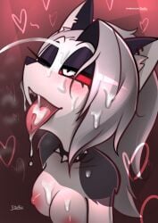 anthro blush breasts cum cum_in_mouth cum_on_breasts cum_on_face cum_on_tongue furry grey_fur helluva_boss jizoku loona_(helluva_boss) nude one_eye_closed open_mouth spiked_collar tongue tongue_out wolf_ears