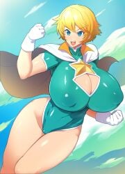 blonde_hair blue_eyes breasts cape cleavage cleavage_cutout gloves huge_breasts leotard nipple_bulge original plump sasaki_tatsuya short_hair superheroine thick_thighs