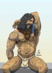 1boy 1male bulge dilf dreadlocks greying_hair hair hairy hairy_armpits hairy_chest hairy_male league_of_legends loincloth male male_only muscular_male musk smell sniffing solo solo_male tattoo tattoos udyr