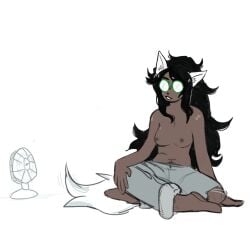 casual casual_nudity casual_topless cursedkendoll dark-skinned_female dog_ears dog_tail glasses homestuck jade_harley nonsexual_nudity partially_clothed sitting solo sweating topless